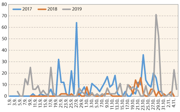 Graf: Denní odečty letu askospor původců fomového černání stonku řepky Leptosphaeria maculans, L. biglobosa; Opava-Předměstí, září až říjen 2017, 2018 a 2019 Graf: Denní odečty letu askospor původců fomového černání stonku řepky Leptosphaeria maculans, L. biglobosa; Opava-Předměstí, září až říjen 2017, 2018 a 2019