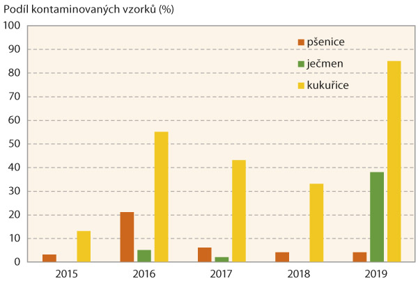 Graf 2: Pod&iacute;l kontaminovan&yacute;ch vzorků p&scaron;enice, ječmene a&nbsp;kukuřice zearalenonem (obsah > 2 &mu;g/kg) v&nbsp;letech 2015&ndash;2019 v&nbsp;ČR