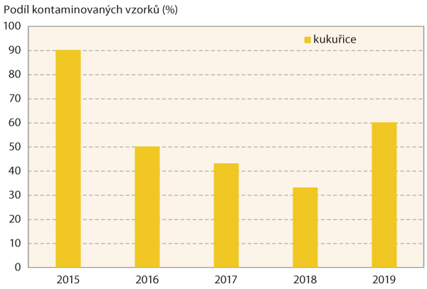 Graf 3: Pod&iacute;l kontaminovan&yacute;ch vzorků kukuřice fumonisiny (obsah > 50 &mu;g/kg) v&nbsp;letech 2015&ndash;2019 v&nbsp;ČR