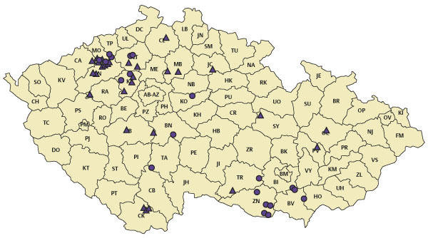 Mapa 1: Lokality, dle monitoringu &Uacute;KZ&Uacute;Z, s&nbsp;dosažen&iacute;m či překročen&iacute;m 5n&aacute;sobku prahu &scaron;kodlivosti v&nbsp;obdob&iacute; leden&ndash;&uacute;nor 2021