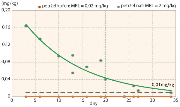 Graf 2: Model degradace deltamethrinu v&nbsp;kořeni a&nbsp;nati petržele (mg/kg = množstv&iacute; &uacute;činn&eacute; l&aacute;tky pesticidu ve vzorku sal&aacute;tu/jablek, dny = počet dnů od aplikace pesticidu v&nbsp;poln&iacute;ch podm&iacute;nk&aacute;ch, přeru&scaron;ovan&aacute; č&aacute;ra = limit obsahu rezidua v&nbsp;produktu pro dětskou v&yacute;živu 0,01 mg/kg)