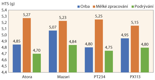 Graf 3: Vliv zpracov&aacute;n&iacute; půdy na ovlivněn&iacute; hmotnosti tis&iacute;ce semen (HTS) v&nbsp;roce 2019