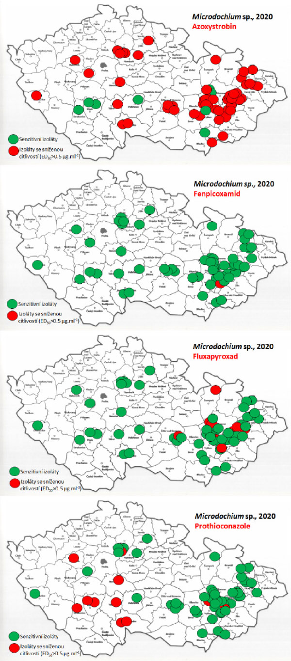 Mapy citlivosti k fungicidům u populací Microdochium sp. v roce 2020 Mapy citlivosti k fungicidům u populací Microdochium sp. v roce 2020