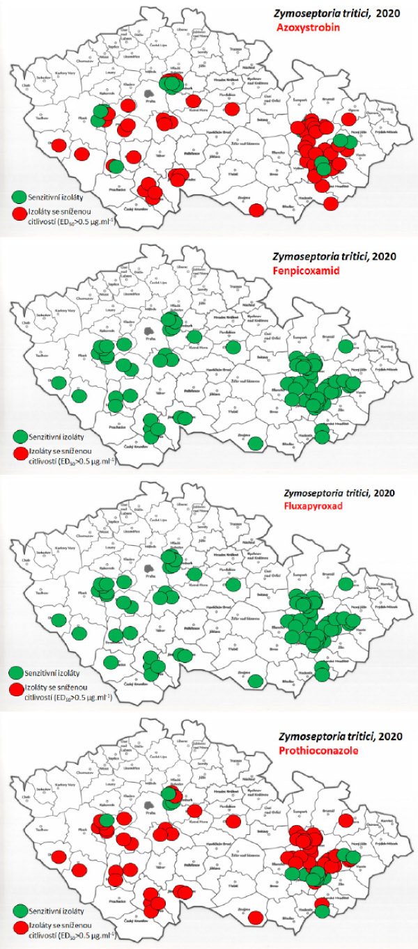 Mapy citlivosti k fungicidům u populací Zymoseptoria tritici v roce 2020 Mapy citlivosti k fungicidům u populací Zymoseptoria tritici v roce 2020