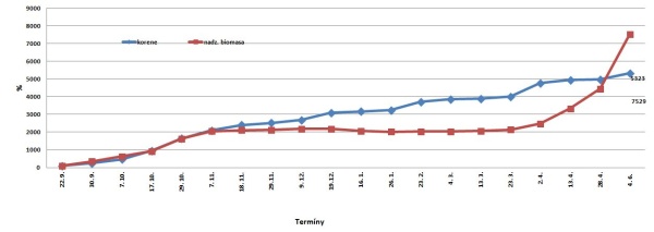 Dynamika rastu repky (čerstv&aacute; hmota - 2014/15 v&nbsp;%); prv&yacute; odber 100 %: korene 5,4 g/10 rastl&iacute;n; nadzemn&aacute; biomasa 59,6 g/10 rastl&iacute;n, lokalita Červen&yacute; &Uacute;jezd, 405 m n. m., odroda DK Exstorm