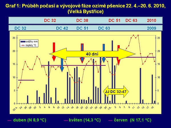 Graf 1: Průběh počas&iacute; a&nbsp;v&yacute;vojov&eacute; f&aacute;ze ozim&eacute; p&scaron;enice 22. 4.&ndash;20. 6. 2010, (Velk&aacute; Bystřice)