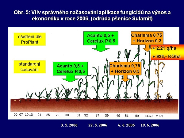 Obr. 5: Vliv spr&aacute;vn&eacute;ho načasov&aacute;n&iacute; aplikace fungicidů na v&yacute;nos a&nbsp;ekonomiku v&nbsp;roce 2006, (odrůda p&scaron;enice Sulamit)