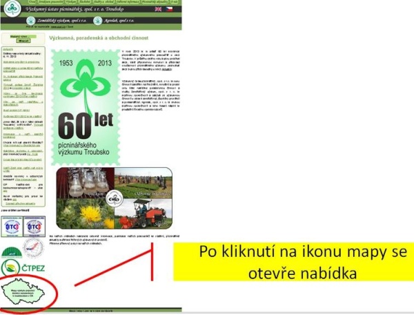 Obr. 1: Str&aacute;nka VUP Troubsko - po kliknut&iacute; na ikonu mapy se zobraz&iacute; odkazy na map 