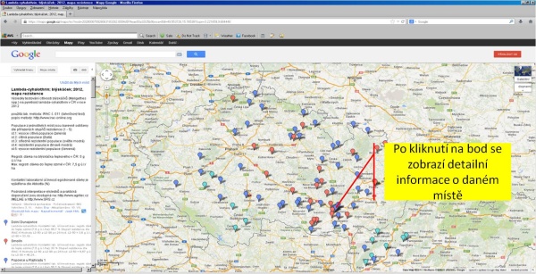 Obr. 3: Po kliknut&iacute; na př&iacute;slu&scaron;n&yacute; bod na mapě se zobraz&iacute; detailn&iacute; informace o&nbsp;v&yacute;sledc&iacute;ch testov&aacute;n&iacute; populace z&nbsp;dan&eacute;ho m&iacute;sta
