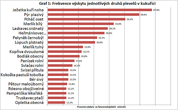 Graf 1: Frekvence v&yacute;skytu jednotliv&yacute;ch druhů plevelů v&nbsp;kukuřic