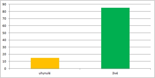  Graf 2: Ozim&aacute; řepka - průměrn&eacute; zji&scaron;těn&eacute; pod&iacute;ly podle skupin životaschopnosti rostlin [%]